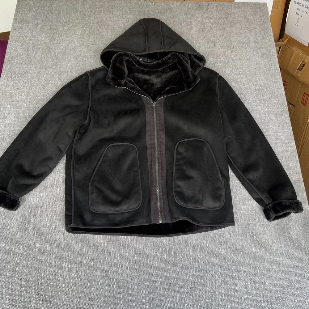 John Varvatos Faux Suede Jacket Mens XL Black Faux Fur Lined Hooded Full Zip